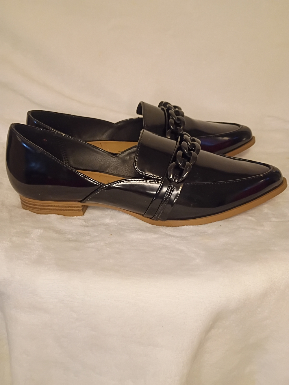 Black Patent Pointed Toe Chain Loafers - Picture 5 of 13